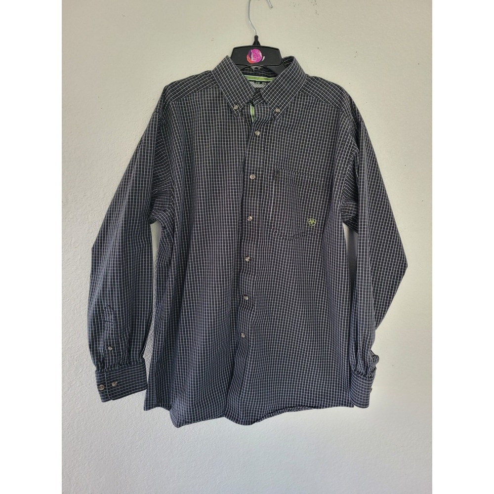 Ariat Pro Series‎ Mens M Black Lime Grid Plaid Long Sleeve Button Down Shirt #2